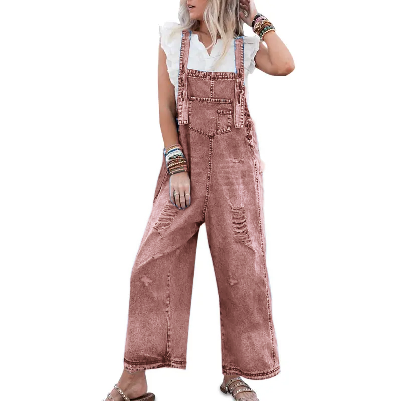 Women's Denim Overalls Casual Jumpsuits Loose Fit Adjustable Strap Distressed Bib Jeans Overall Jumpsuits