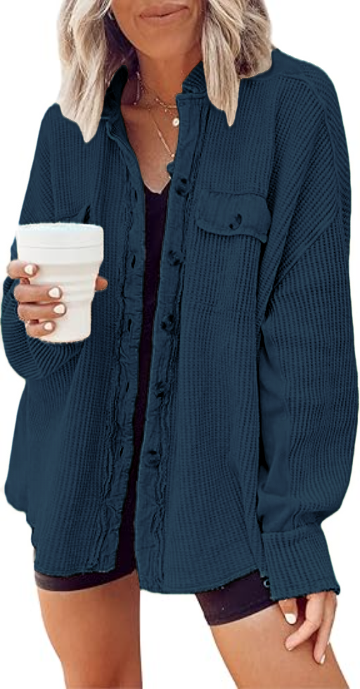 Women's Loose Fit Batwing Sleeve Waffle Knit Button Down Shirt Shacket Tops