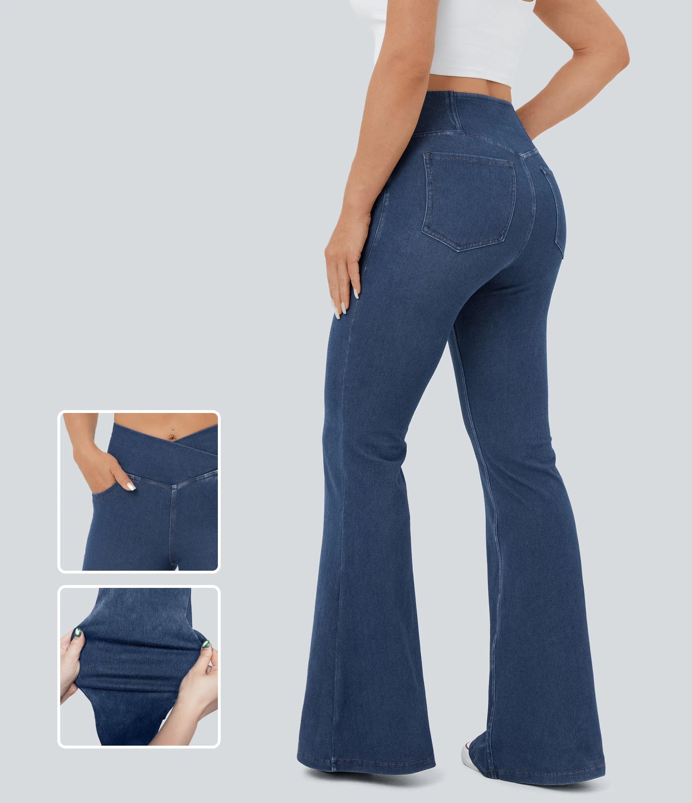 ⚡High Waisted Crossover Pocket Washed Stretchy Knit Casual Super Flare Jeans⚡