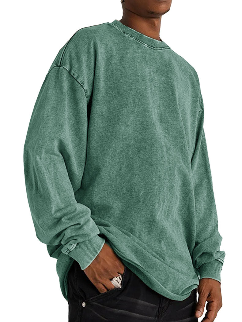 Men's Fashion Vintage Washed Cotton Round Neck Long Sleeve T-Shirt