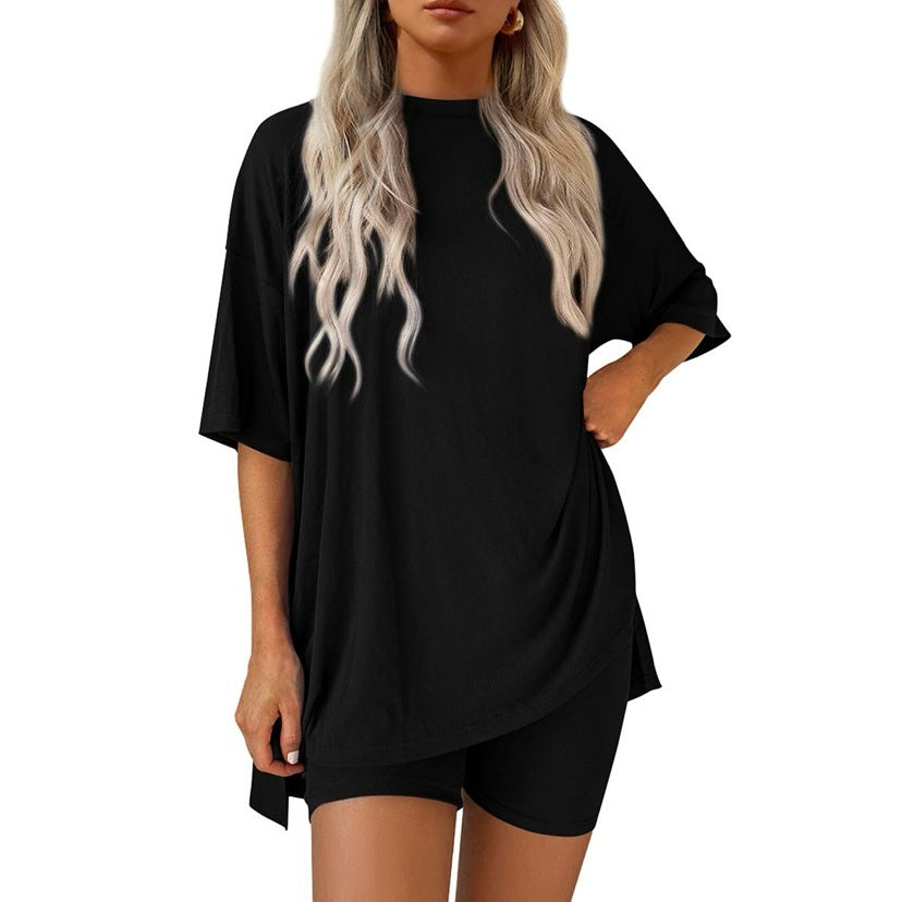 Women's Two Piece Lounge Set 2025 Summer Casual Oversized Shirts Biker Shorts Matching Airport Travel Outfit Split Hem