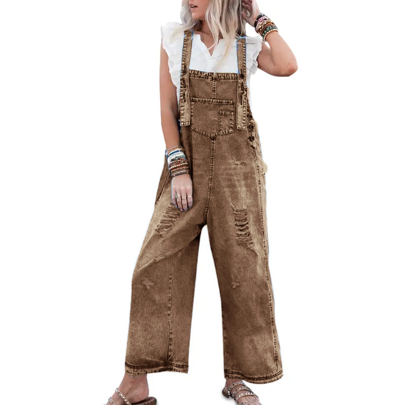 Women's Denim Overalls Casual Jumpsuits Loose Fit Adjustable Strap Distressed Bib Jeans Overall Jumpsuits