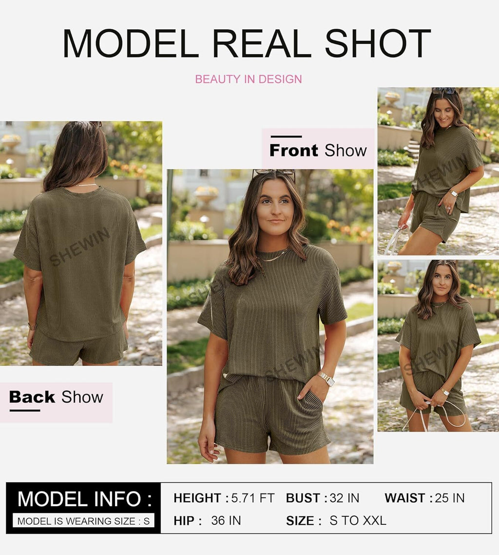 Two 2 Piece Sets for Women Short Sleeve Shirts High Waisted Shorts with Pockets Pajamas Lounge Matching Set