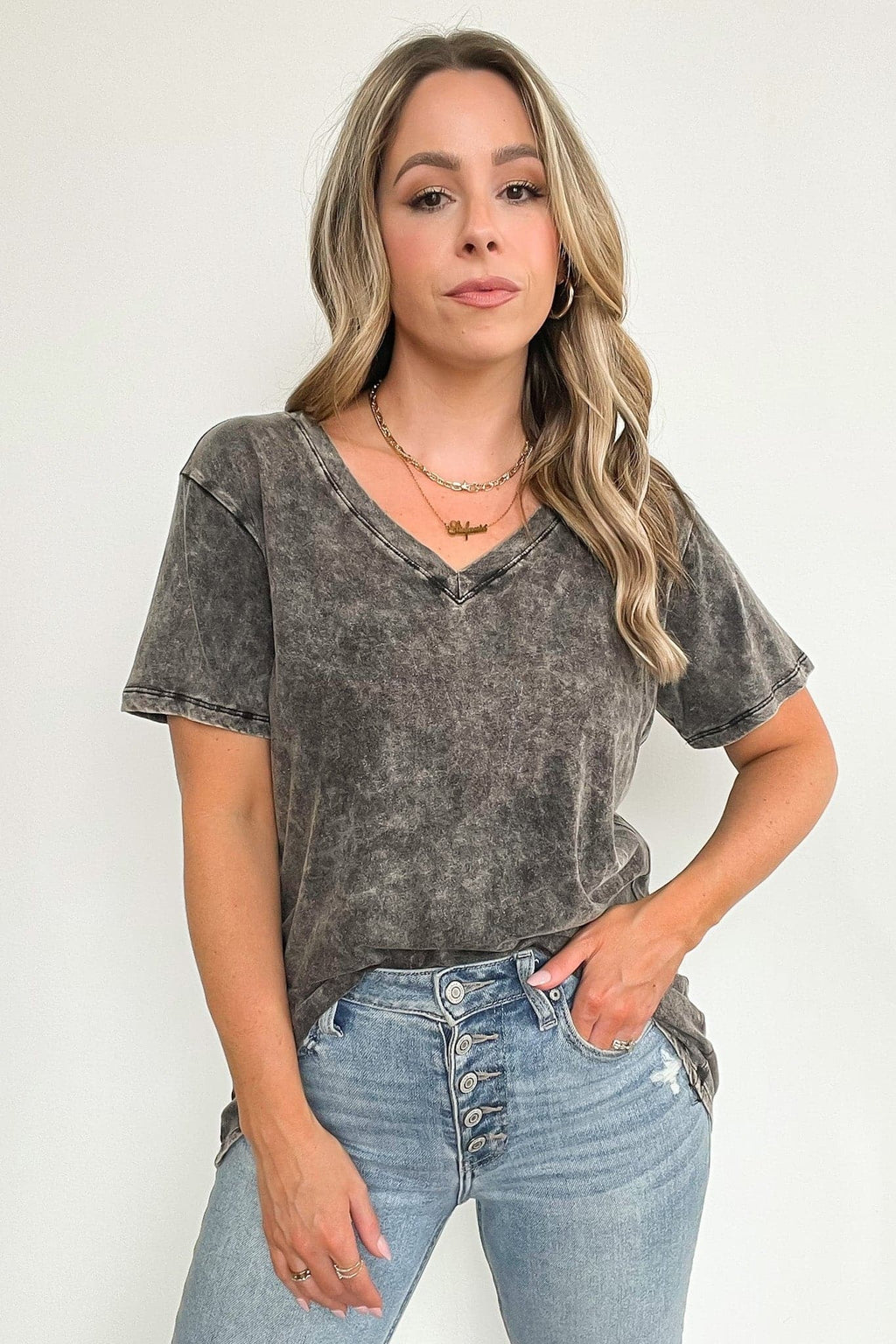 Soliel Acid Wash V-Neck Relaxed Fit Top - BACK IN STOCK