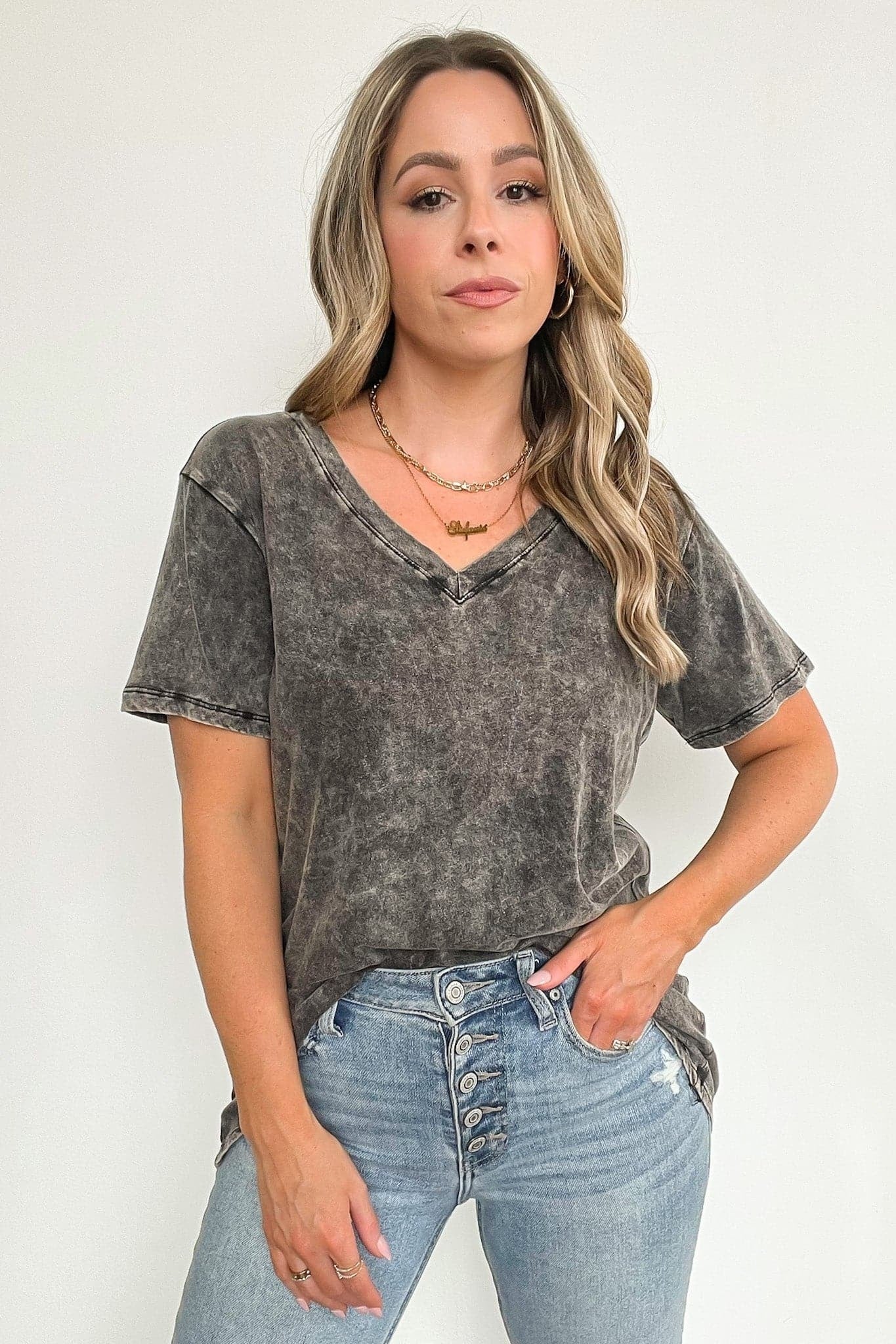 Soliel Acid Wash V-Neck Relaxed Fit Top - BACK IN STOCK