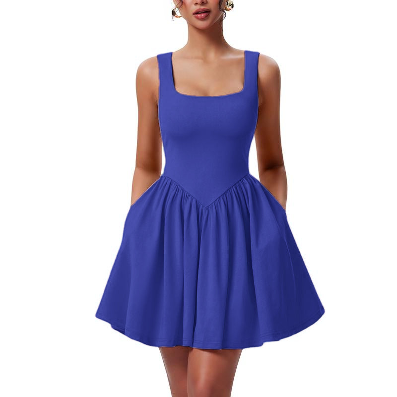 OYS Women's Summer Sleeveless Square Neck A-line Ruffle Hem Mini Tank Dress With Pockets