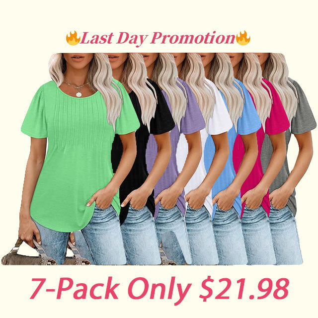 🔥Last day promotion🔥Womens T Shirts Short Sleeve Pleated Dressy Casual Scooped Neck Summer Tops Blouses