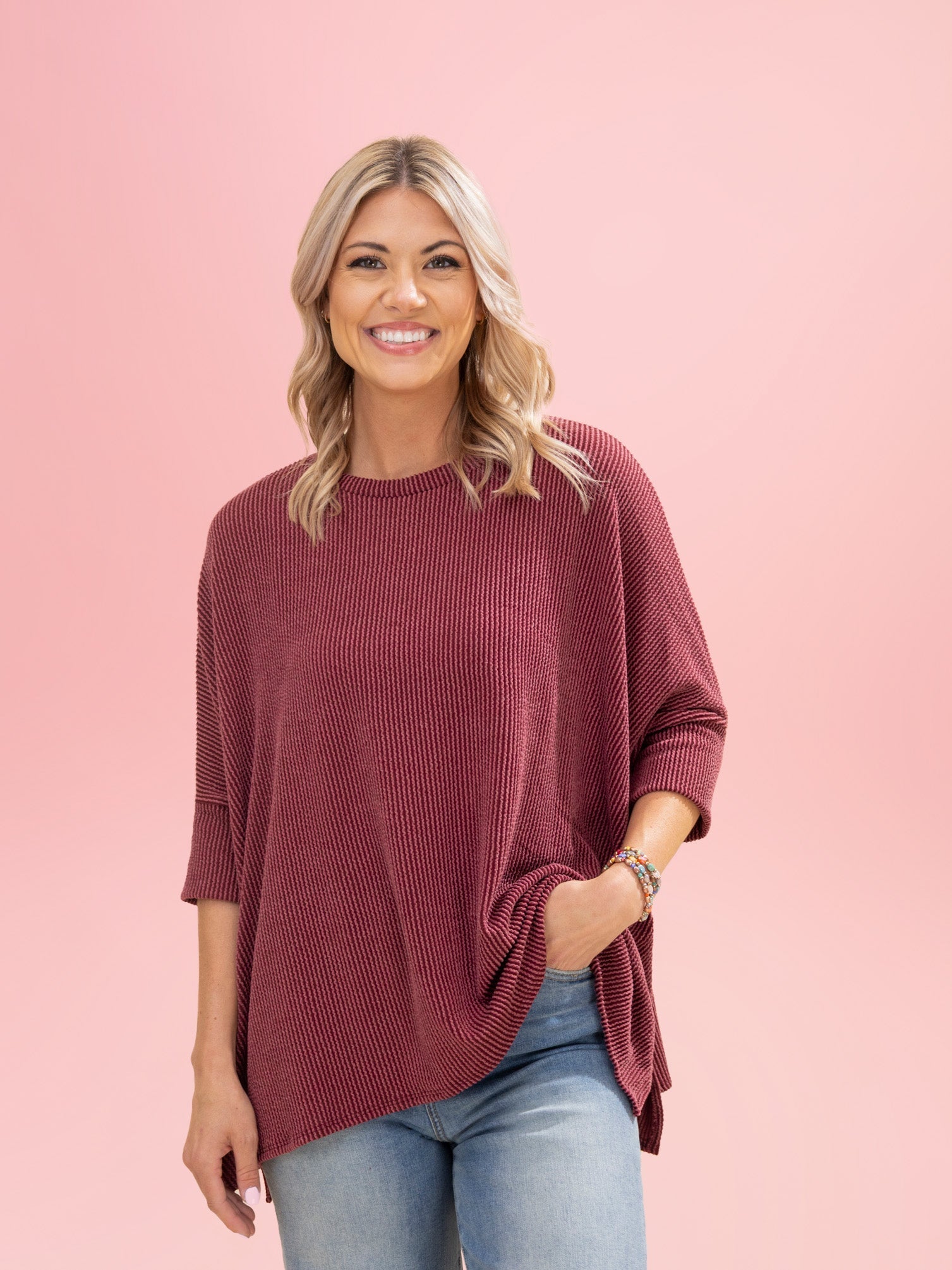Raised Rib Easy Fit 3/4 Sleeve Top | Reg - Plus