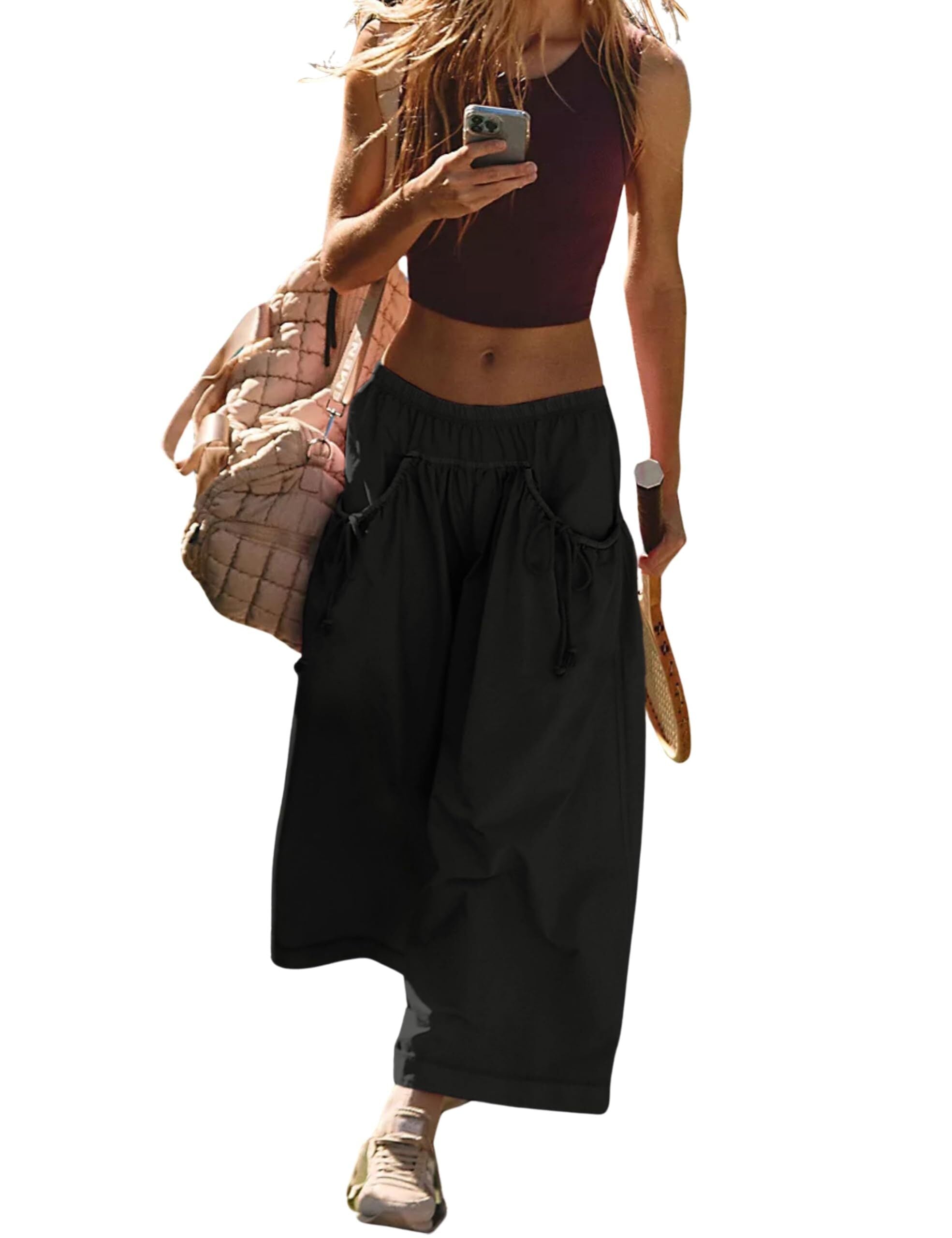 Women's Loose Wide Leg Track Pants Drawstring Pockets Elastic Waist Capri Hiking Pants