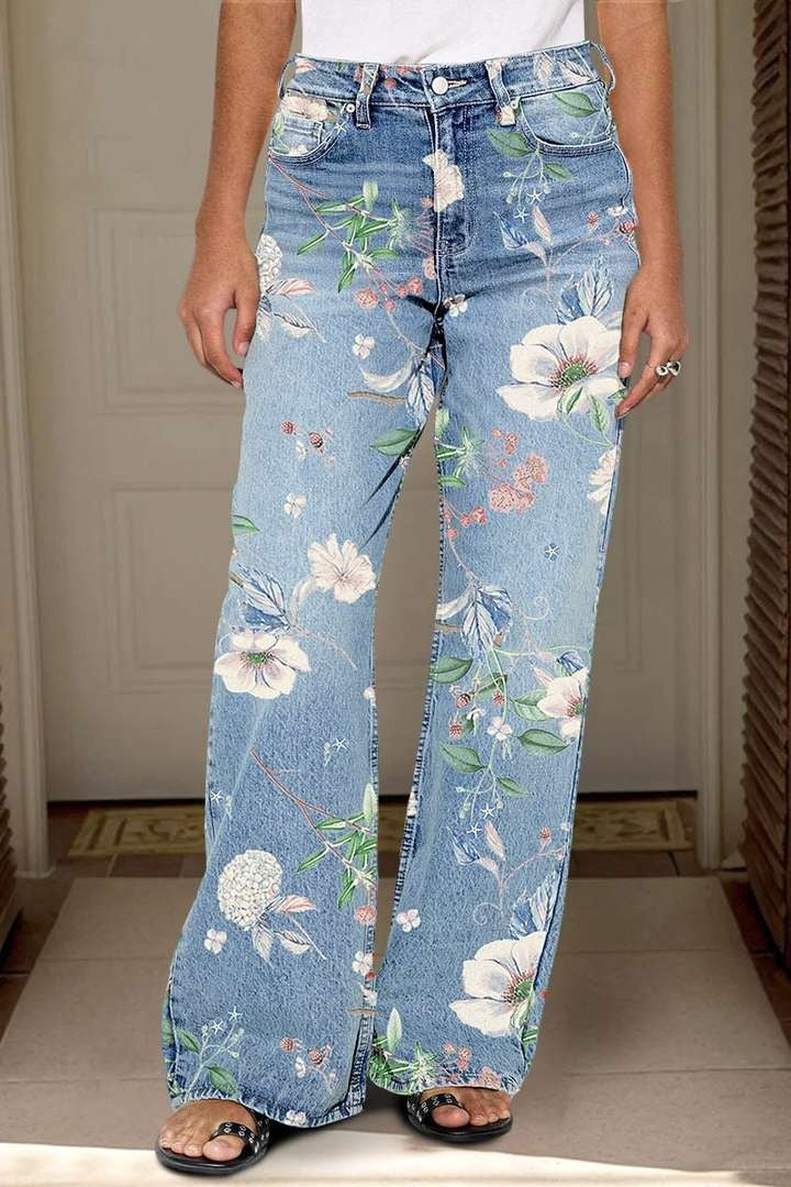🔥Floral Pattern Wash High Waist Straight Leg Jeans