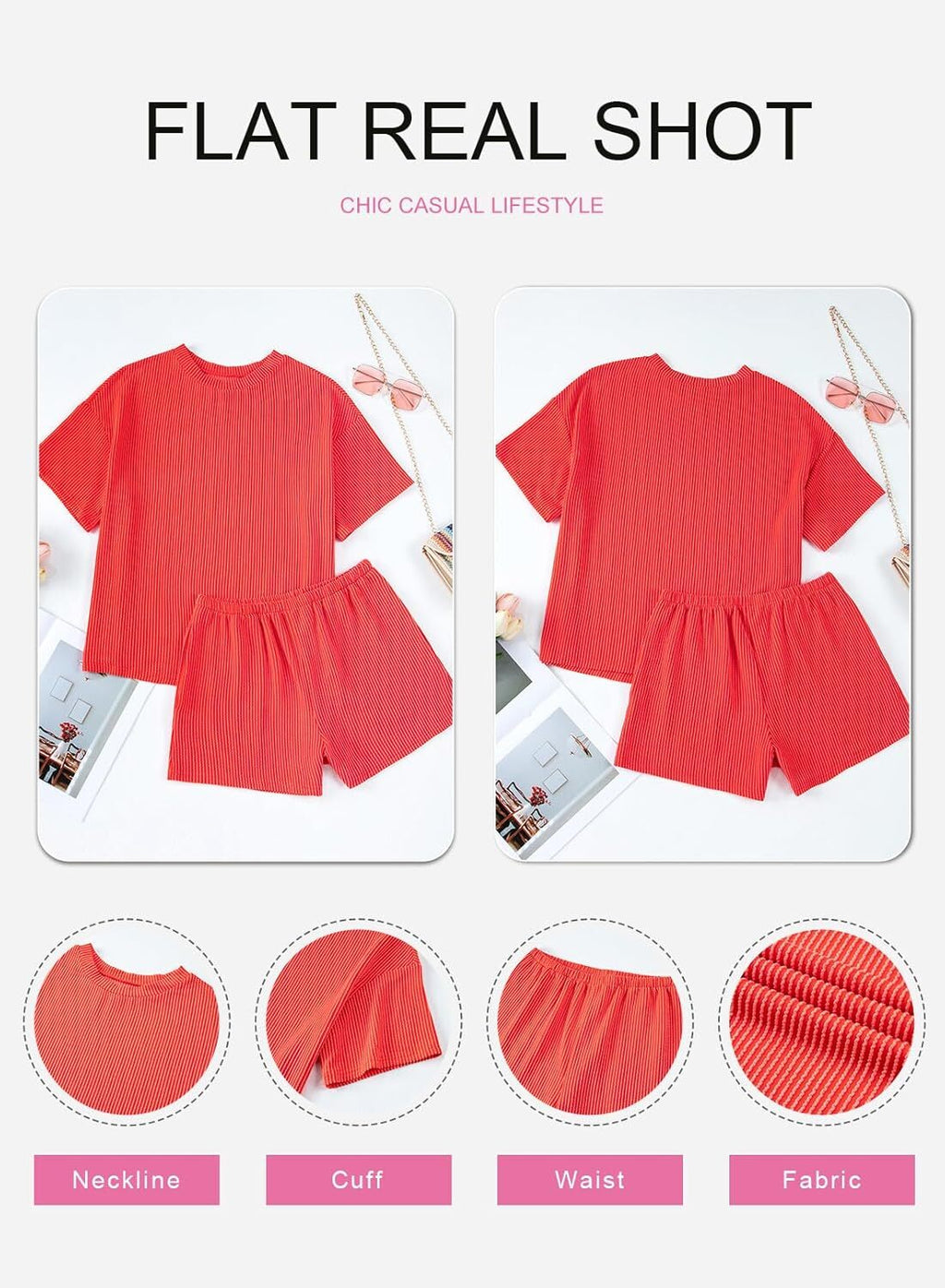 Two 2 Piece Sets for Women Short Sleeve Shirts High Waisted Shorts with Pockets Pajamas Lounge Matching Set