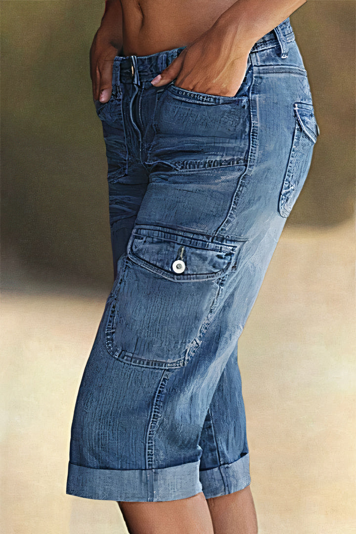 Flap Pocket Roll Hem Denim Bermuda Shorts Without Belt